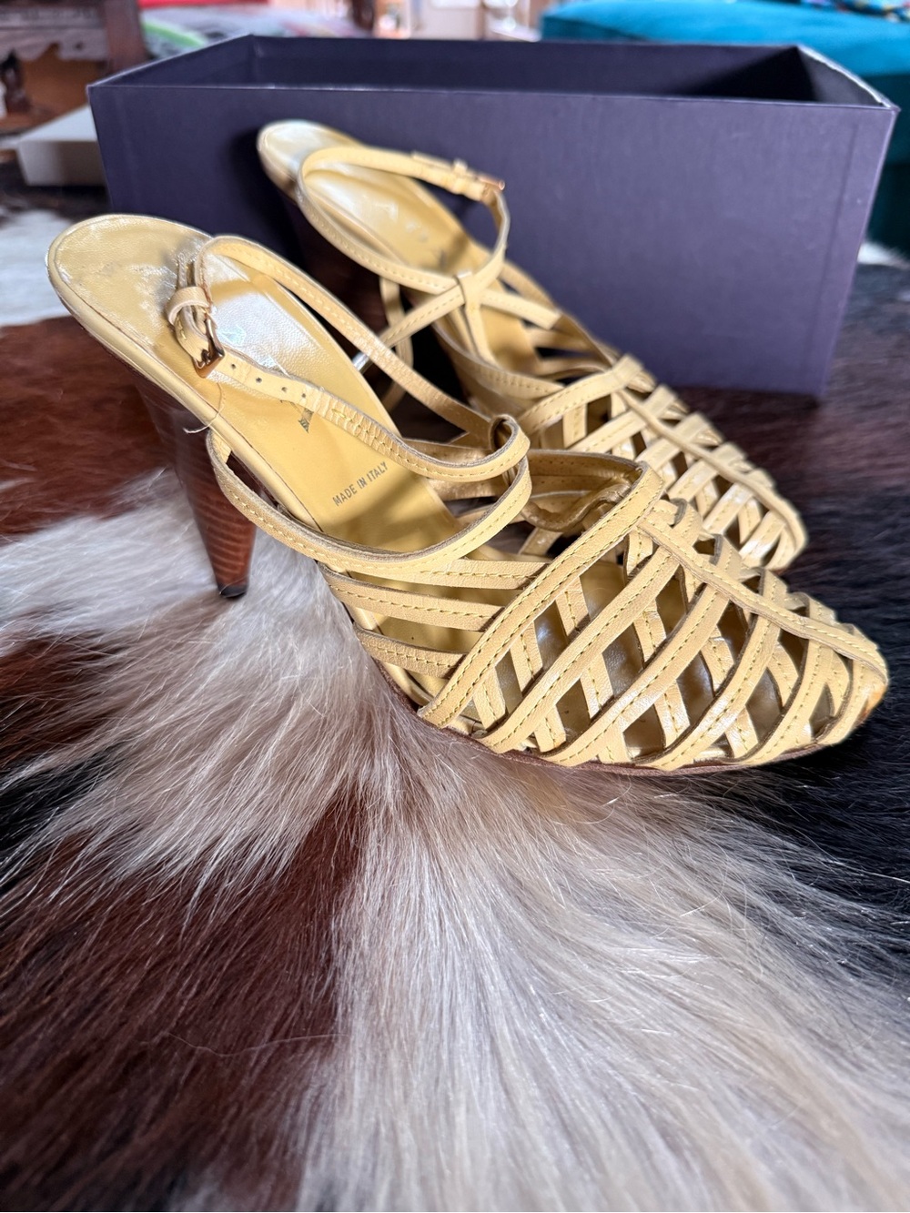 Prada Yellow Leather Woven Slingback Heels